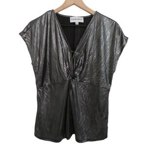 Alex & Parker Women Sz L Metallic Silver Gray Twist Front Cap Sleeve Blouse Top